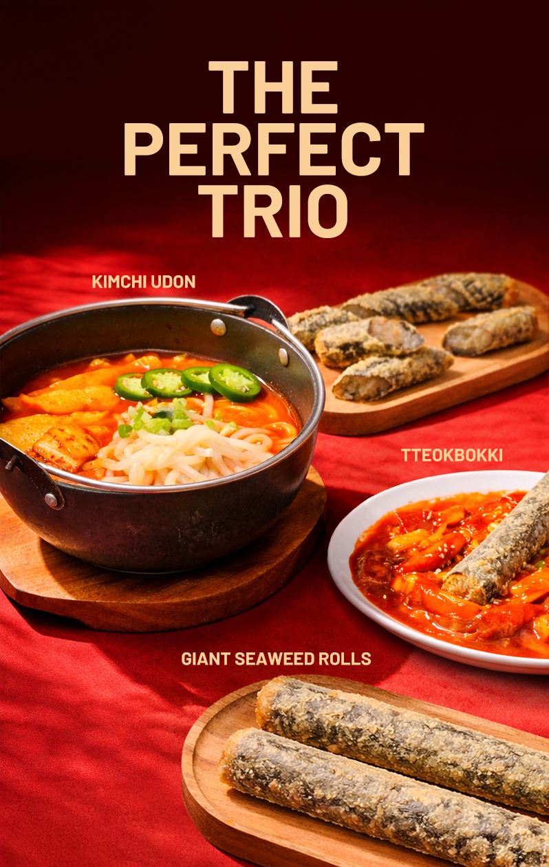 the perfect trio. kimchi udon, giant seaweed rolls, and tteokbokki